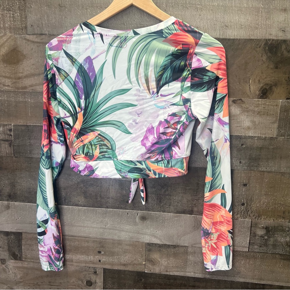 Calia Activewear Floral Tropical Knot Tie Long Sleeve Workout Crop Top - Picture 3 of 8